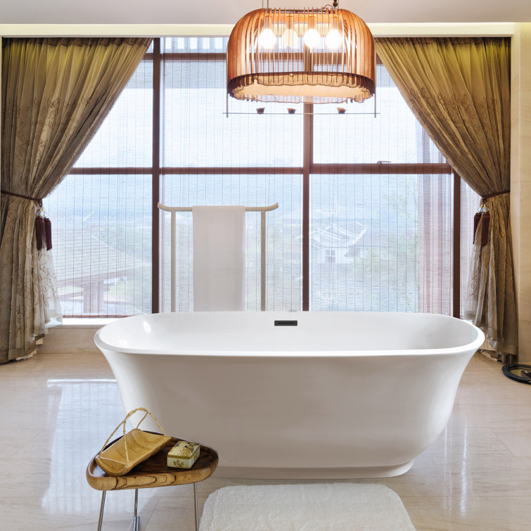 59" Glossy White Freestanding Acrylic Soaking Bathtub with Bamboo Tray