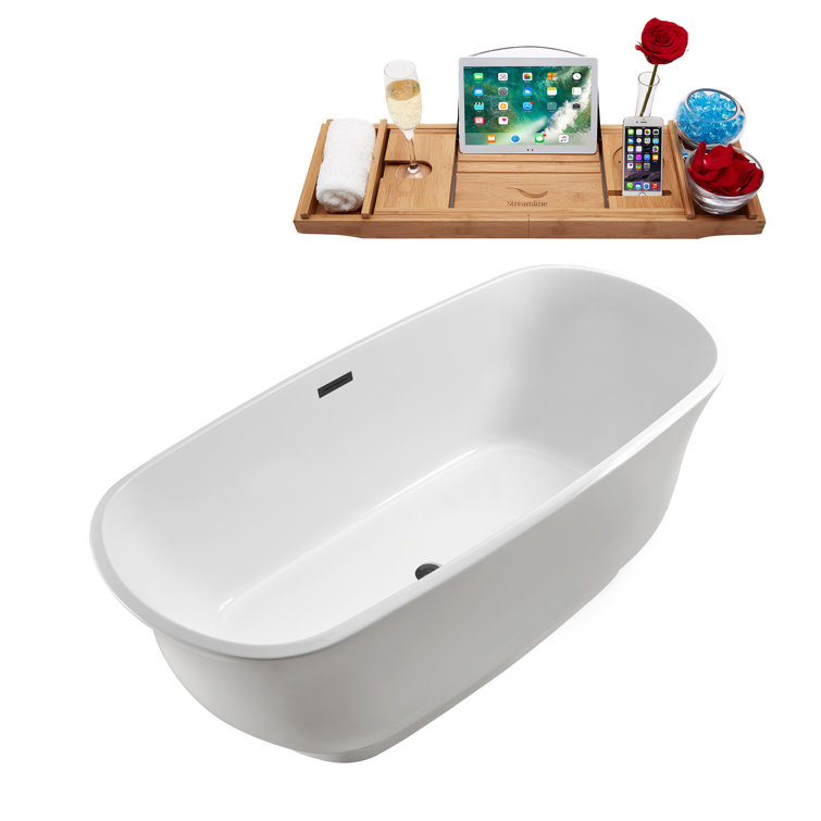 59" Glossy White Freestanding Acrylic Soaking Bathtub with Bamboo Tray