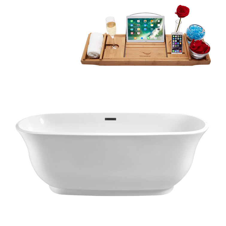 59" Glossy White Freestanding Acrylic Soaking Bathtub with Bamboo Tray