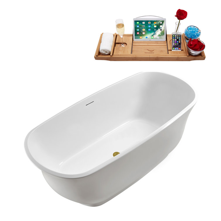 59'' Glossy White Acrylic Freestanding Bathtub with Brushed Gold Trim