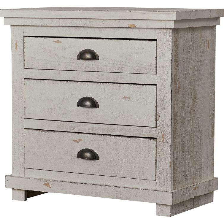 Lodge-Style Distressed Wood 3-Drawer Nightstand with Gunmetal Handles