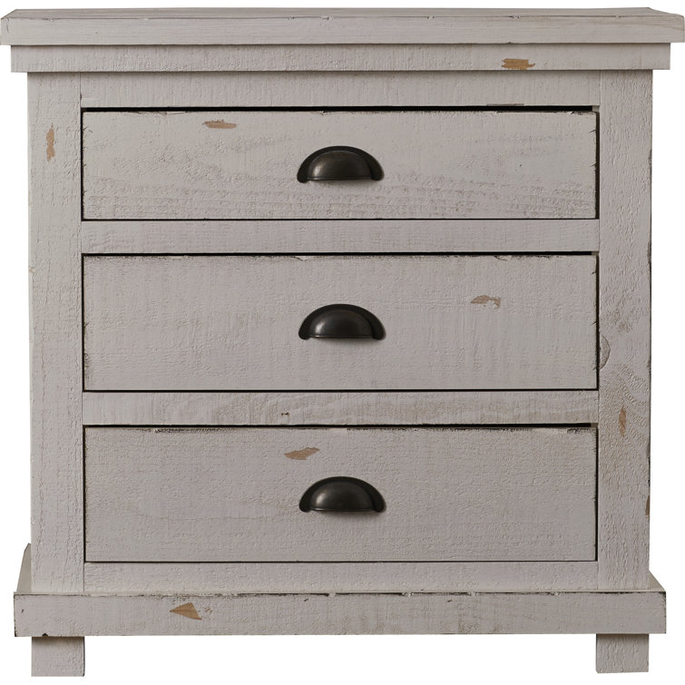 Lodge-Style Distressed Wood 3-Drawer Nightstand with Gunmetal Handles