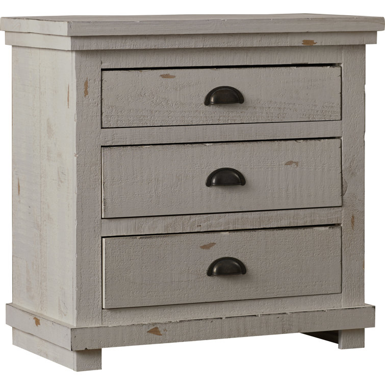 Lodge-Style Distressed Wood 3-Drawer Nightstand with Gunmetal Handles