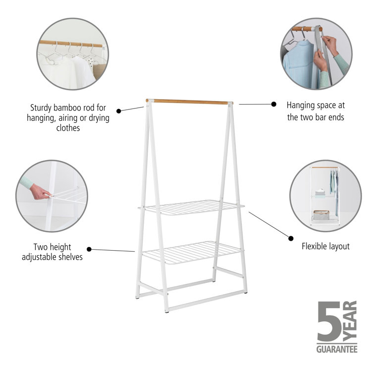 Large White Steel and Bamboo Portable Clothes Rack