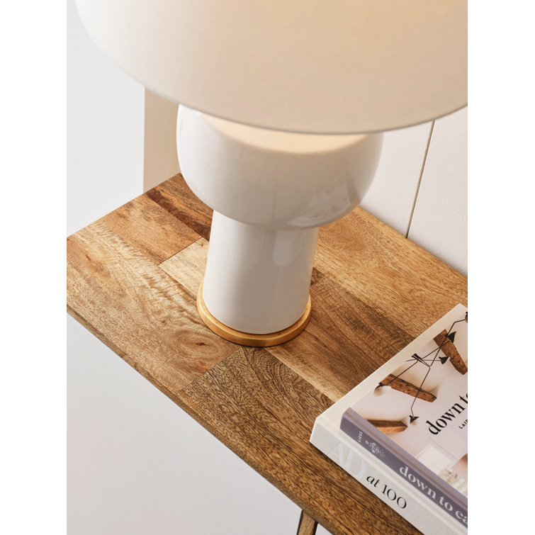 Ivory Ceramic Adjustable Outdoor Table Lamp with Wooden Shade