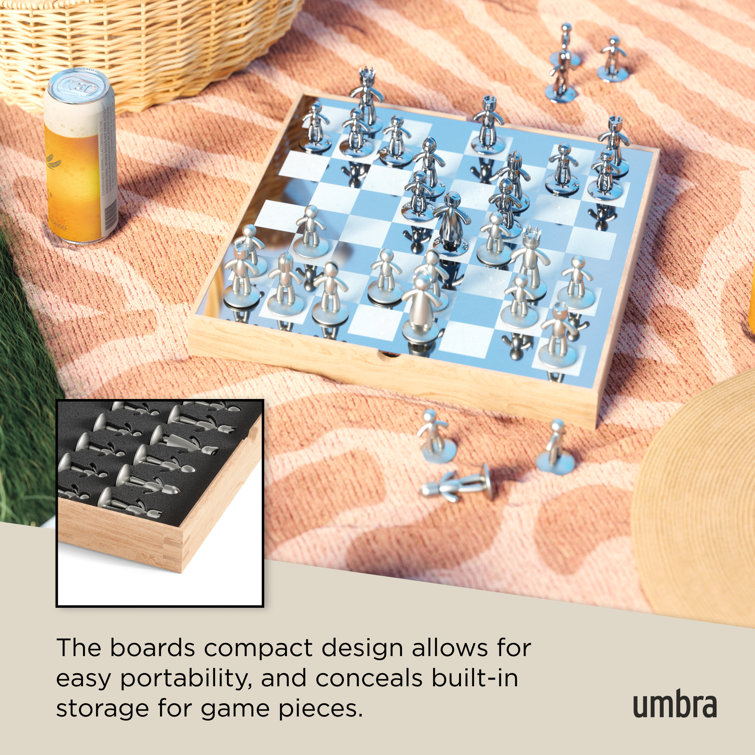 Natural Ashwood and Metal Modern Chess Set with Silver and Black Pieces