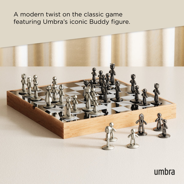 Natural Ashwood and Metal Modern Chess Set with Silver and Black Pieces