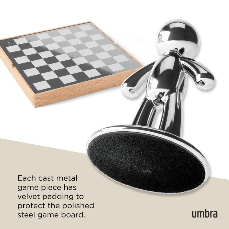 Natural Ashwood and Metal Modern Chess Set with Silver and Black Pieces
