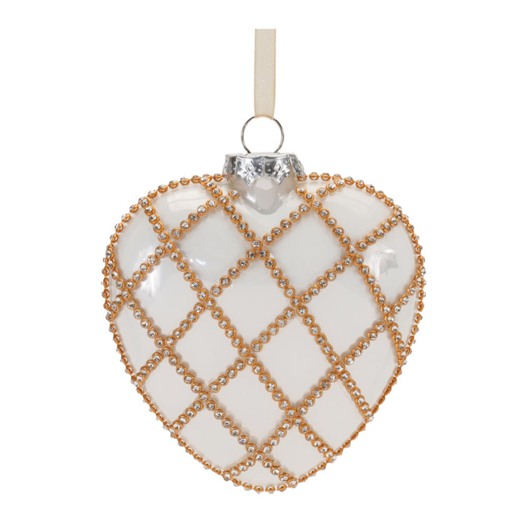 Jeweled White and Gold Glass Heart Ornaments Set