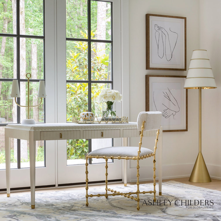 White Marble Top Writing Desk with Brass Pulls