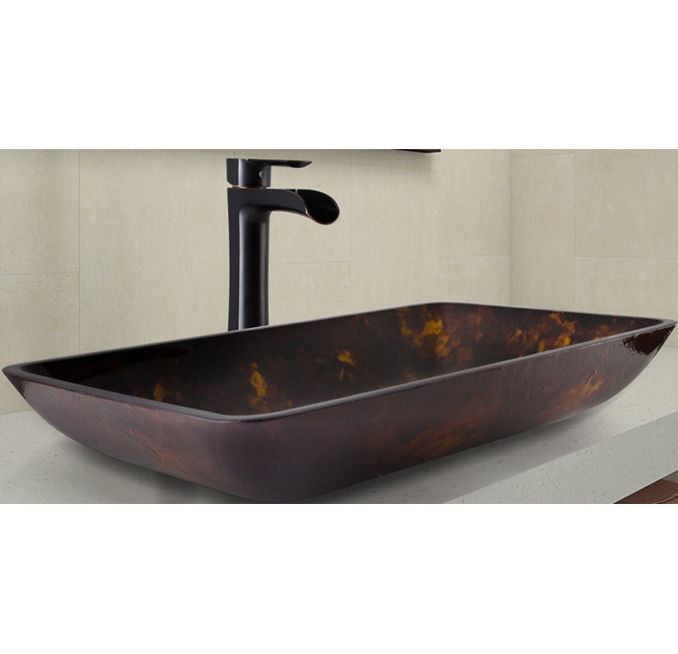 Russet Brown Tempered Glass Vessel Bathroom Sink with Antique Bronze Faucet