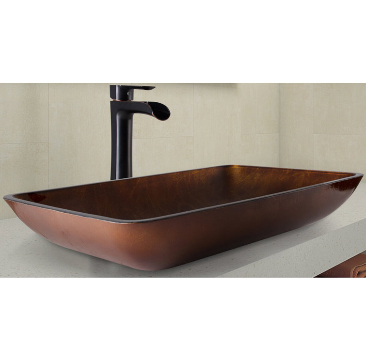 Russet Brown Tempered Glass Vessel Bathroom Sink with Antique Bronze Faucet