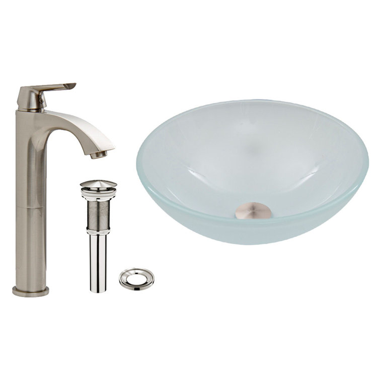 White Frost Glass Round Vessel Sink with Brushed Nickel Faucet