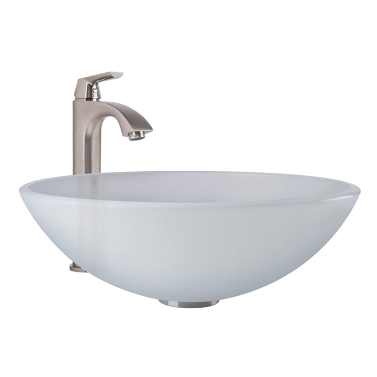 White Frost Glass Round Vessel Sink with Brushed Nickel Faucet