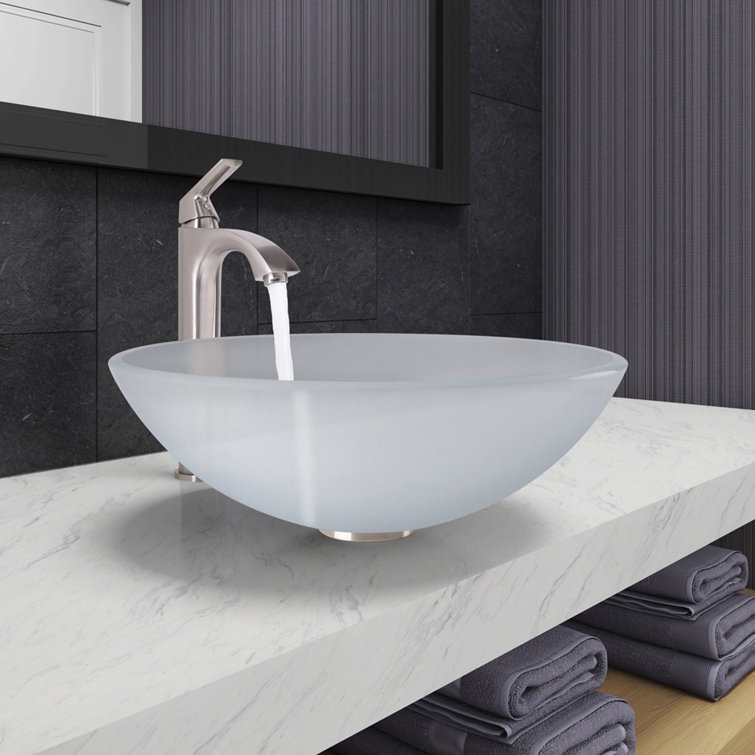 White Frost Glass Round Vessel Sink with Brushed Nickel Faucet