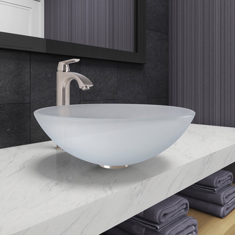 White Frost Glass Round Vessel Sink with Brushed Nickel Faucet