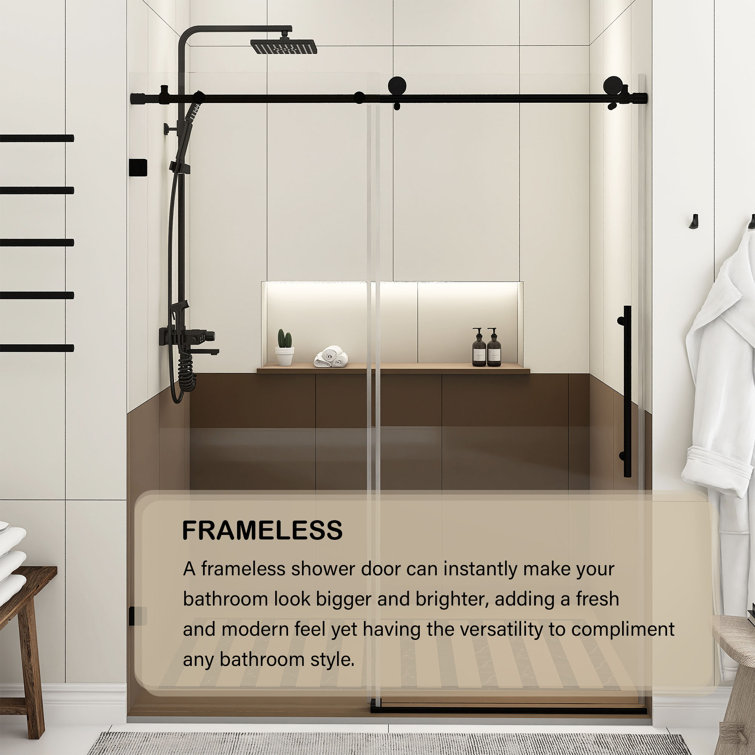 60-Inch Matte Black Frameless Sliding Shower Door with Clear Glass
