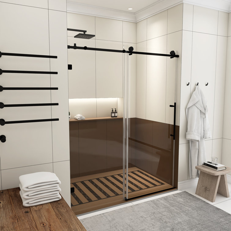 60-Inch Matte Black Frameless Sliding Shower Door with Clear Glass
