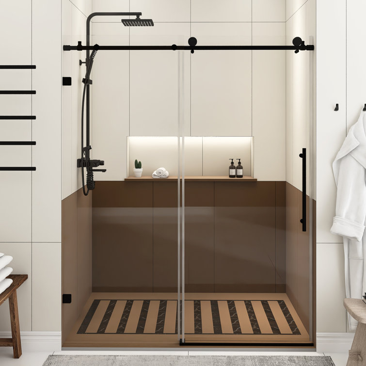 60-Inch Matte Black Frameless Sliding Shower Door with Clear Glass