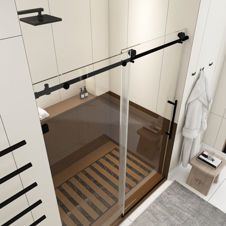 60-Inch Matte Black Frameless Sliding Shower Door with Clear Glass
