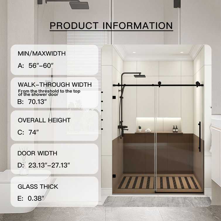 60-Inch Matte Black Frameless Sliding Shower Door with Clear Glass