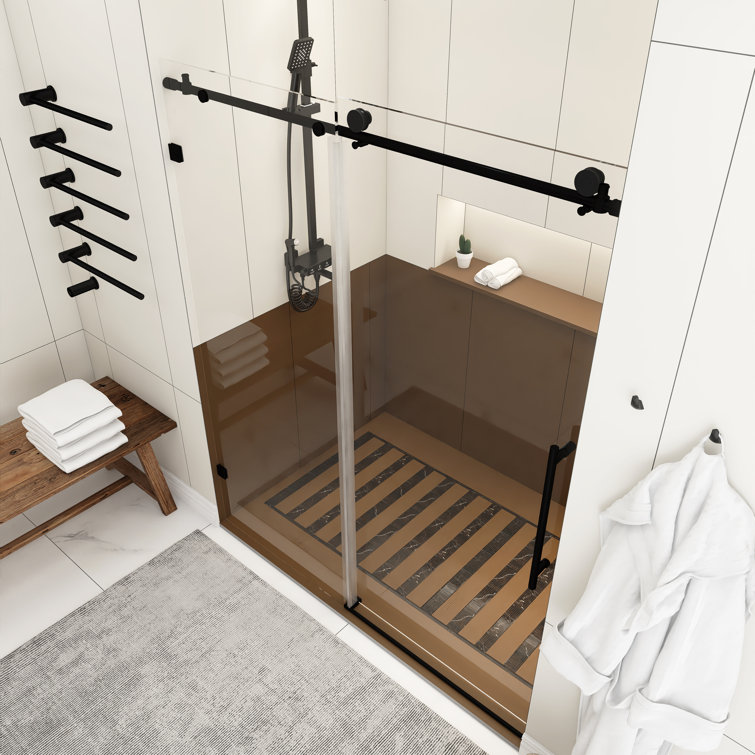 60-Inch Matte Black Frameless Sliding Shower Door with Clear Glass