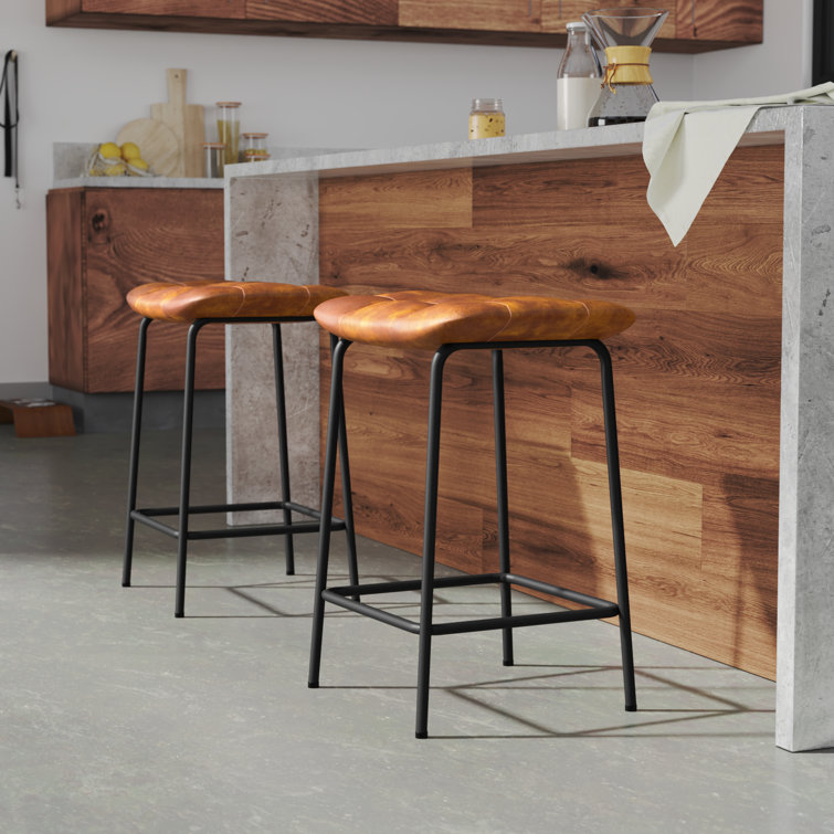 24'' Yellow Brown Faux Leather and Iron Backless Bar Stools, Set of 2