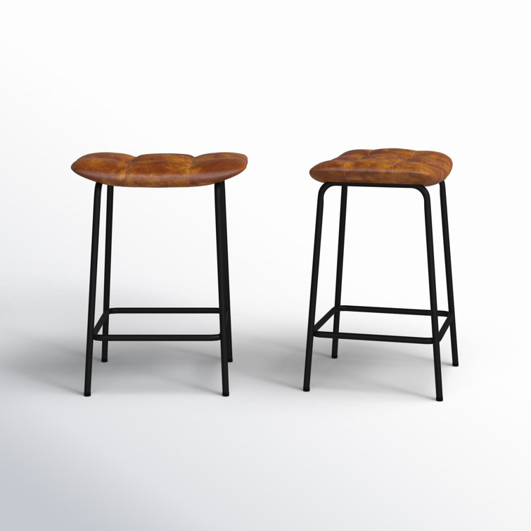 24'' Yellow Brown Faux Leather and Iron Backless Bar Stools, Set of 2