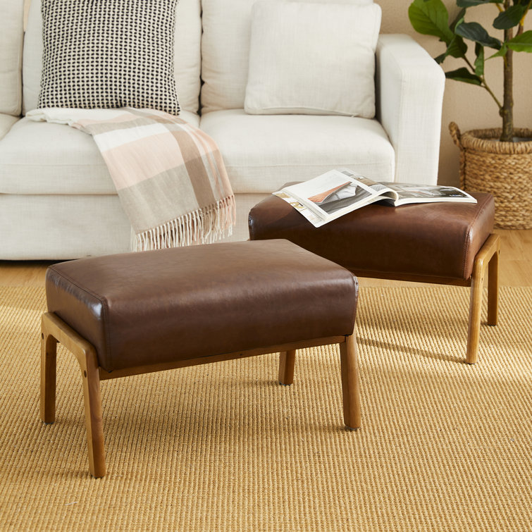 Mid-Century Brown Faux Leather and Rubberwood Accent Stools Set