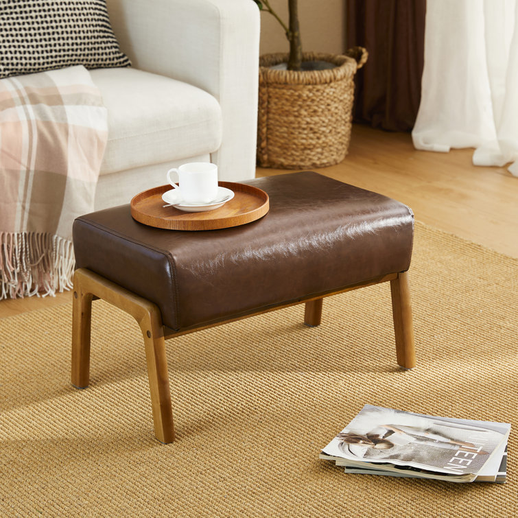 Mid-Century Brown Faux Leather and Rubberwood Accent Stools Set