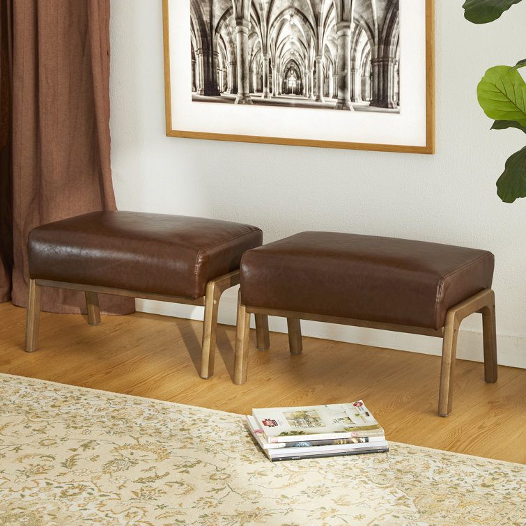 Mid-Century Brown Faux Leather and Rubberwood Accent Stools Set