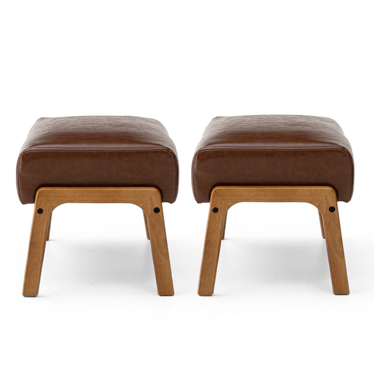 Mid-Century Brown Faux Leather and Rubberwood Accent Stools Set
