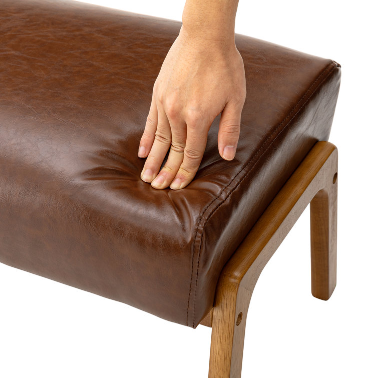 Mid-Century Brown Faux Leather and Rubberwood Accent Stools Set