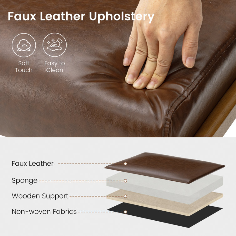 Mid-Century Brown Faux Leather and Rubberwood Accent Stools Set