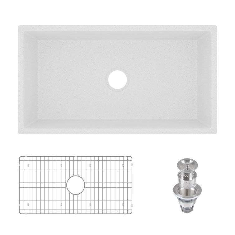Gritty White Concrete Farmhouse Kitchen Sink with Stainless Steel Grid