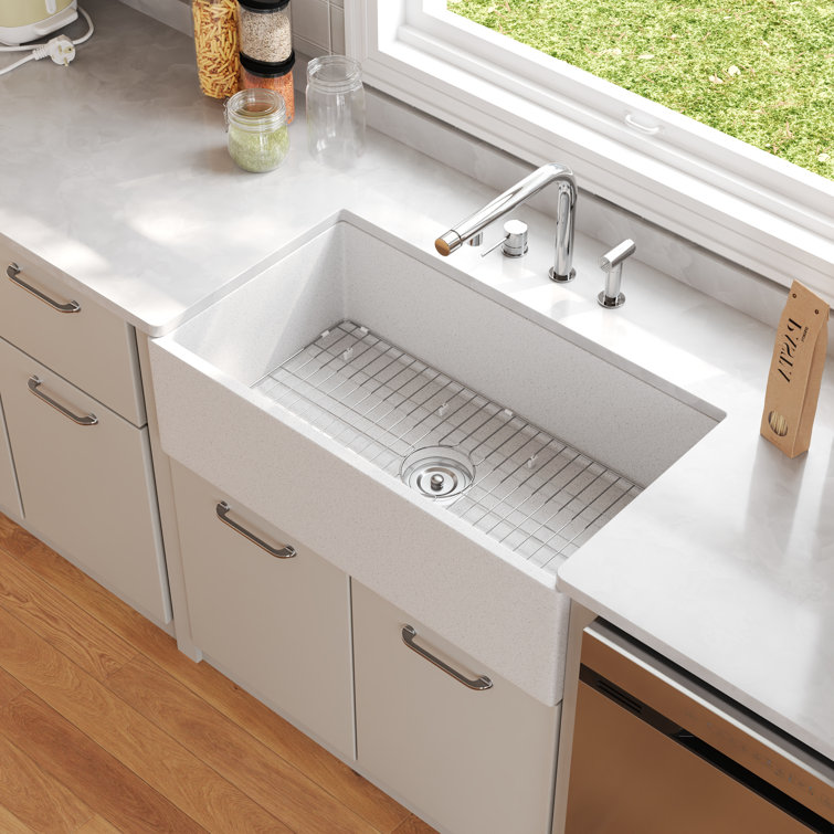 Gritty White Concrete Farmhouse Kitchen Sink with Stainless Steel Grid