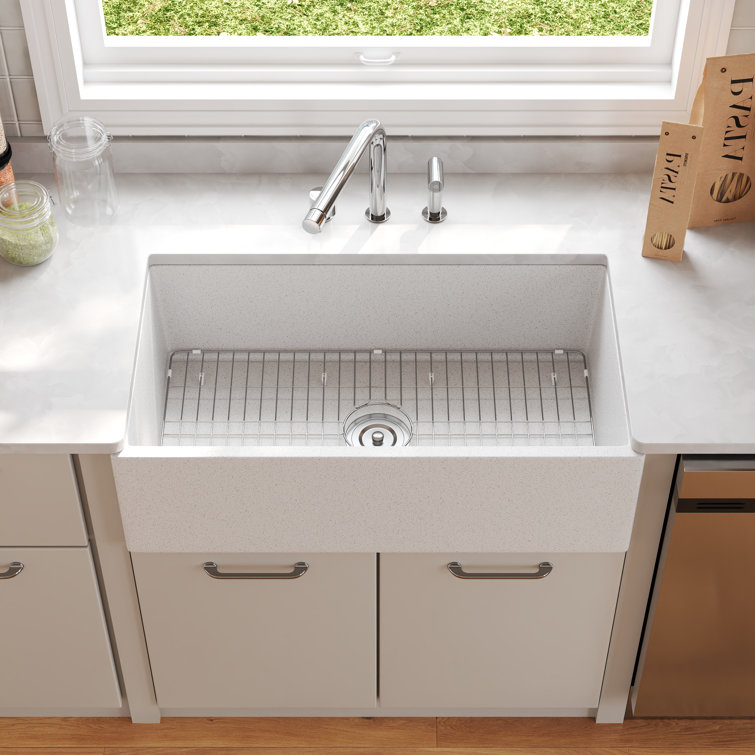 Gritty White Concrete Farmhouse Kitchen Sink with Stainless Steel Grid