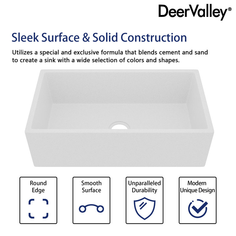 Gritty White Concrete Farmhouse Kitchen Sink with Stainless Steel Grid