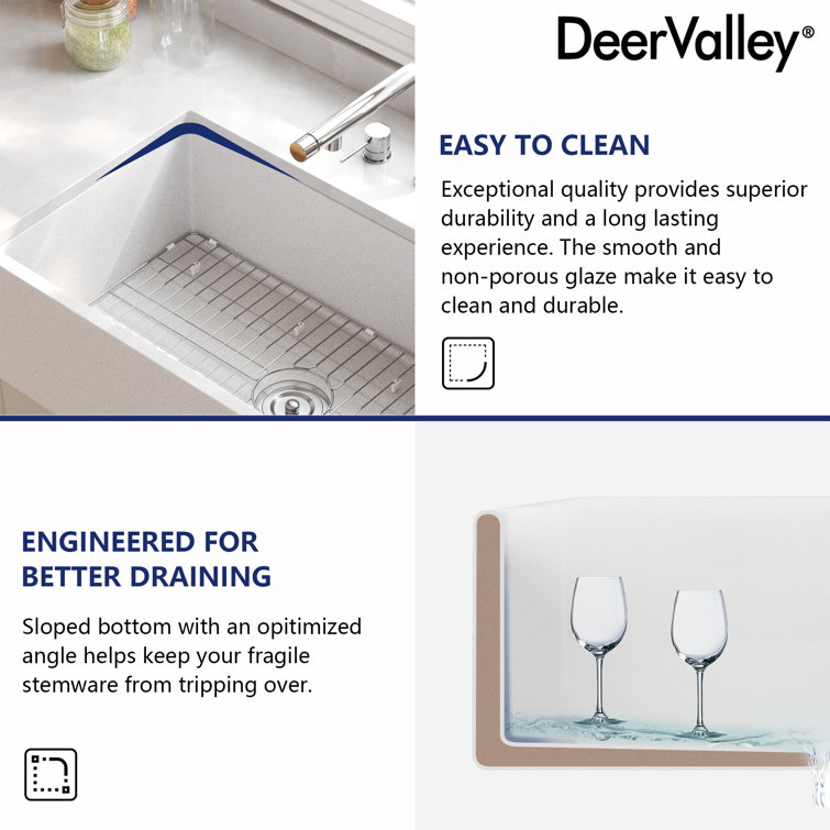 Gritty White Concrete Farmhouse Kitchen Sink with Stainless Steel Grid