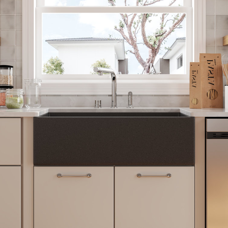 Dark Brown Concrete Farmhouse Kitchen Sink with Stainless Steel Grid