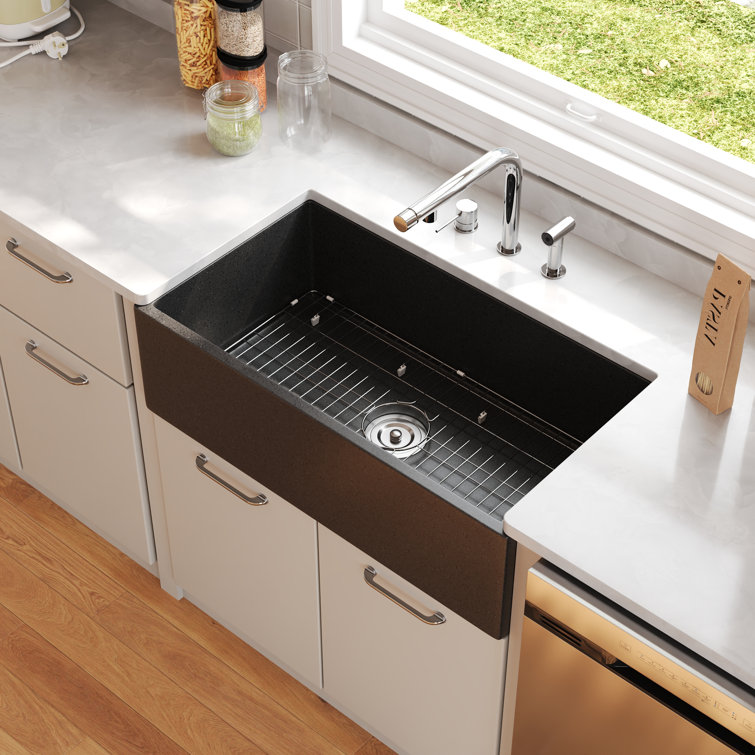 Dark Brown Concrete Farmhouse Kitchen Sink with Stainless Steel Grid