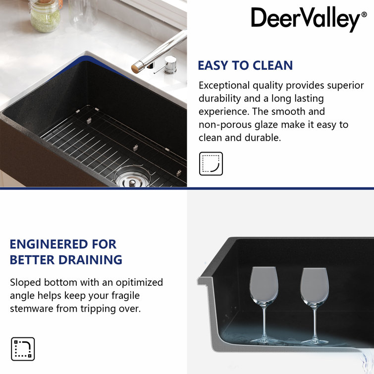 Dark Brown Concrete Farmhouse Kitchen Sink with Stainless Steel Grid