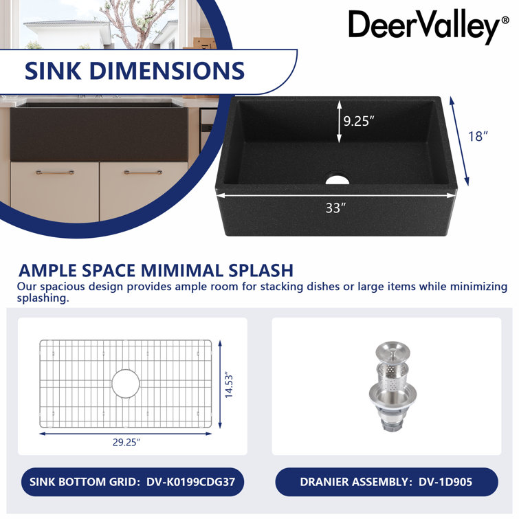 Dark Brown Concrete Farmhouse Kitchen Sink with Stainless Steel Grid