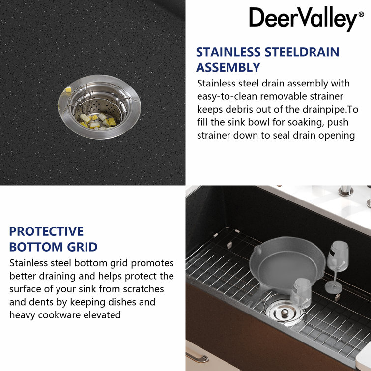 Dark Brown Concrete Farmhouse Kitchen Sink with Stainless Steel Grid
