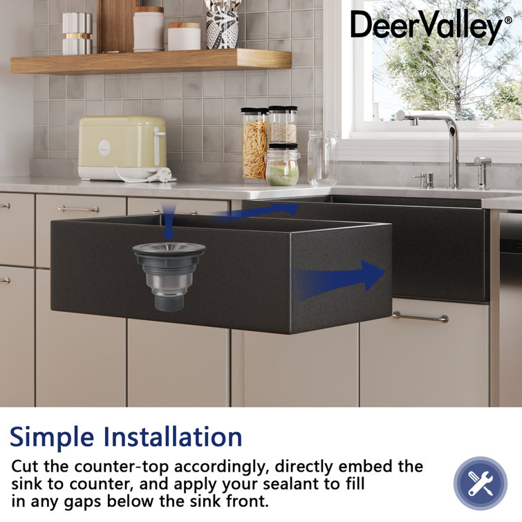 Dark Brown Concrete Farmhouse Kitchen Sink with Stainless Steel Grid