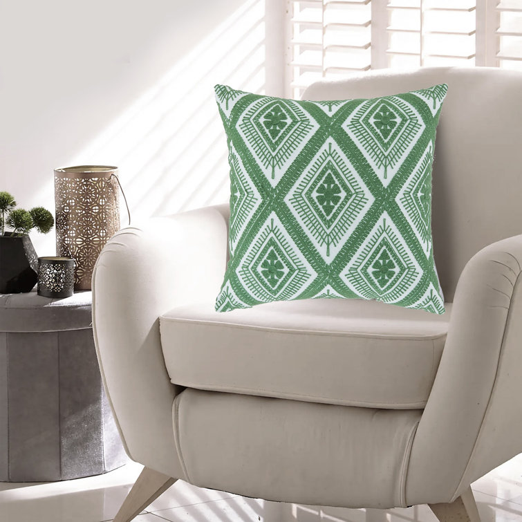 Green and White Embroidered Diamond 16" Square Pillow Set