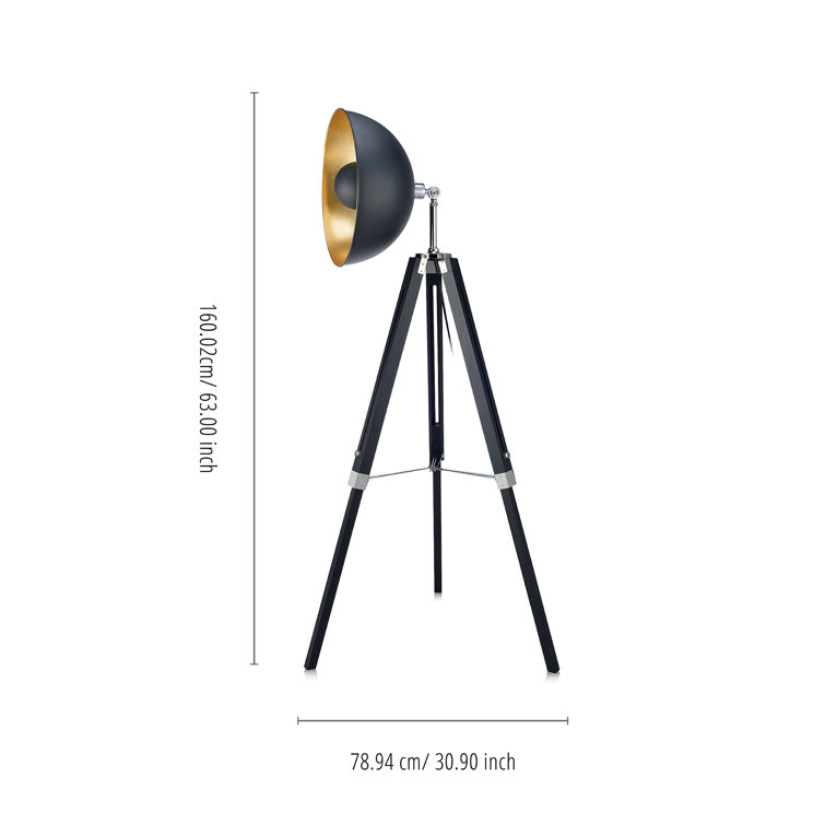 Black Adjustable Industrial Tripod Floor Lamp with Gold Interior