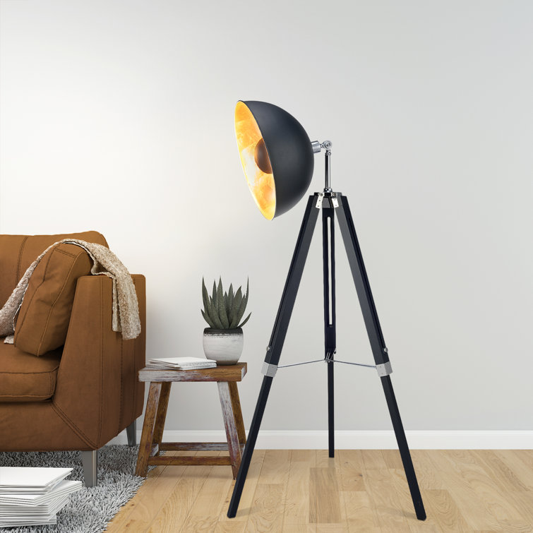 Black Adjustable Industrial Tripod Floor Lamp with Gold Interior