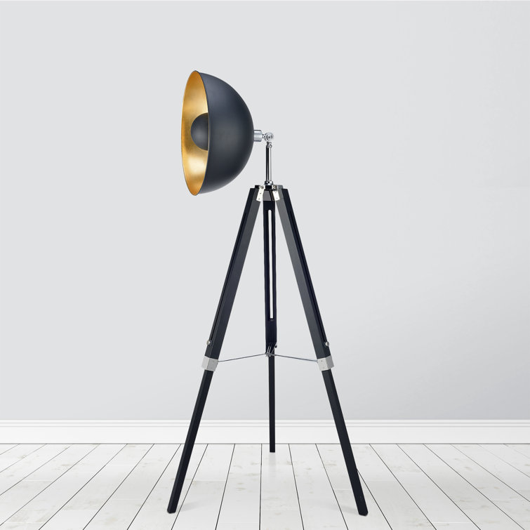 Black Adjustable Industrial Tripod Floor Lamp with Gold Interior
