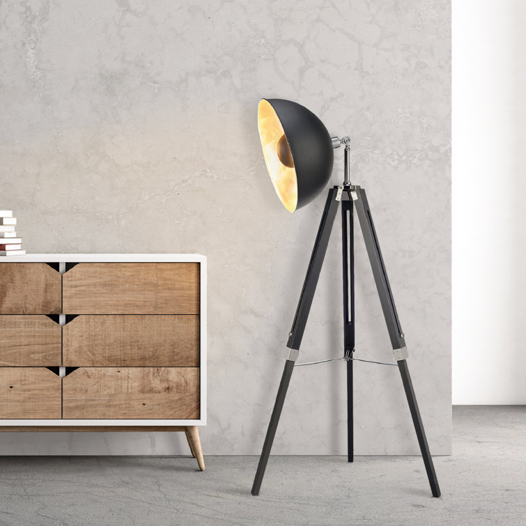 Black Adjustable Industrial Tripod Floor Lamp with Gold Interior